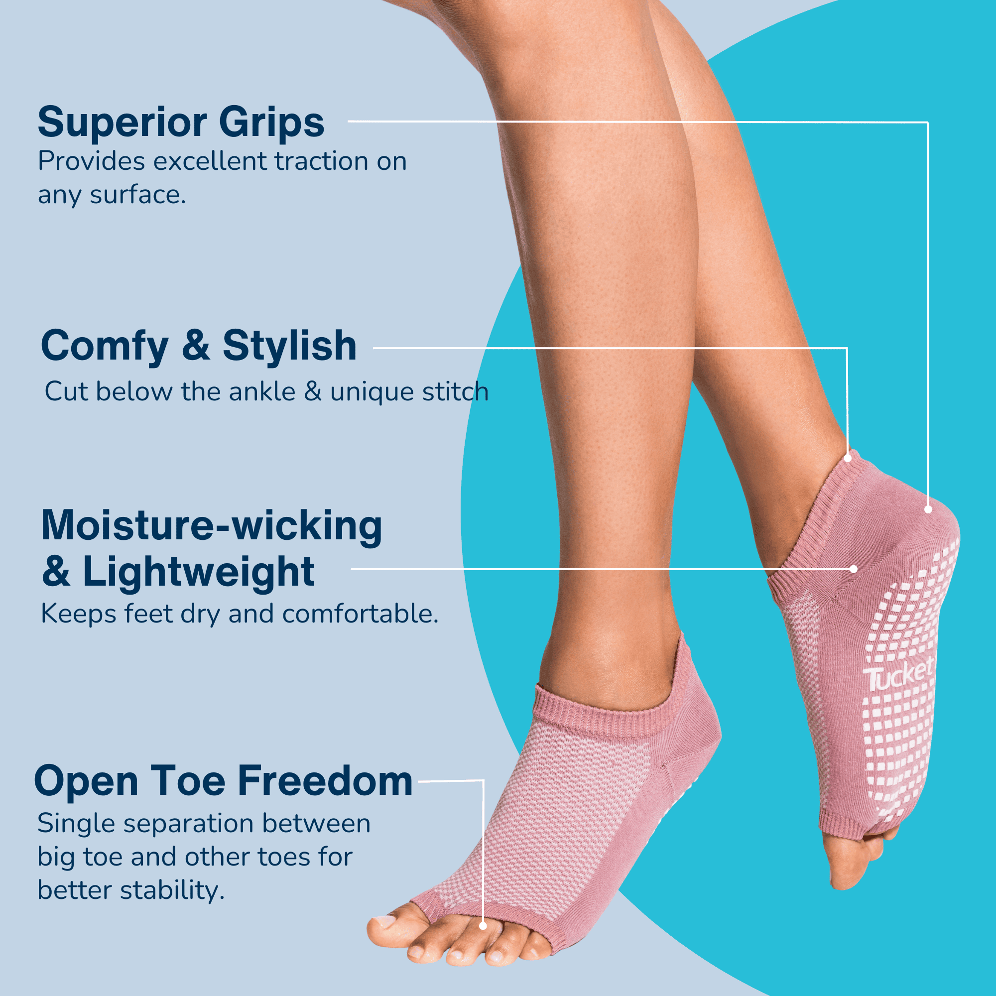 Tucketts Flow Pilates Socks - Non-Slip Grip, Open Toe, Barre & Yoga - Women's