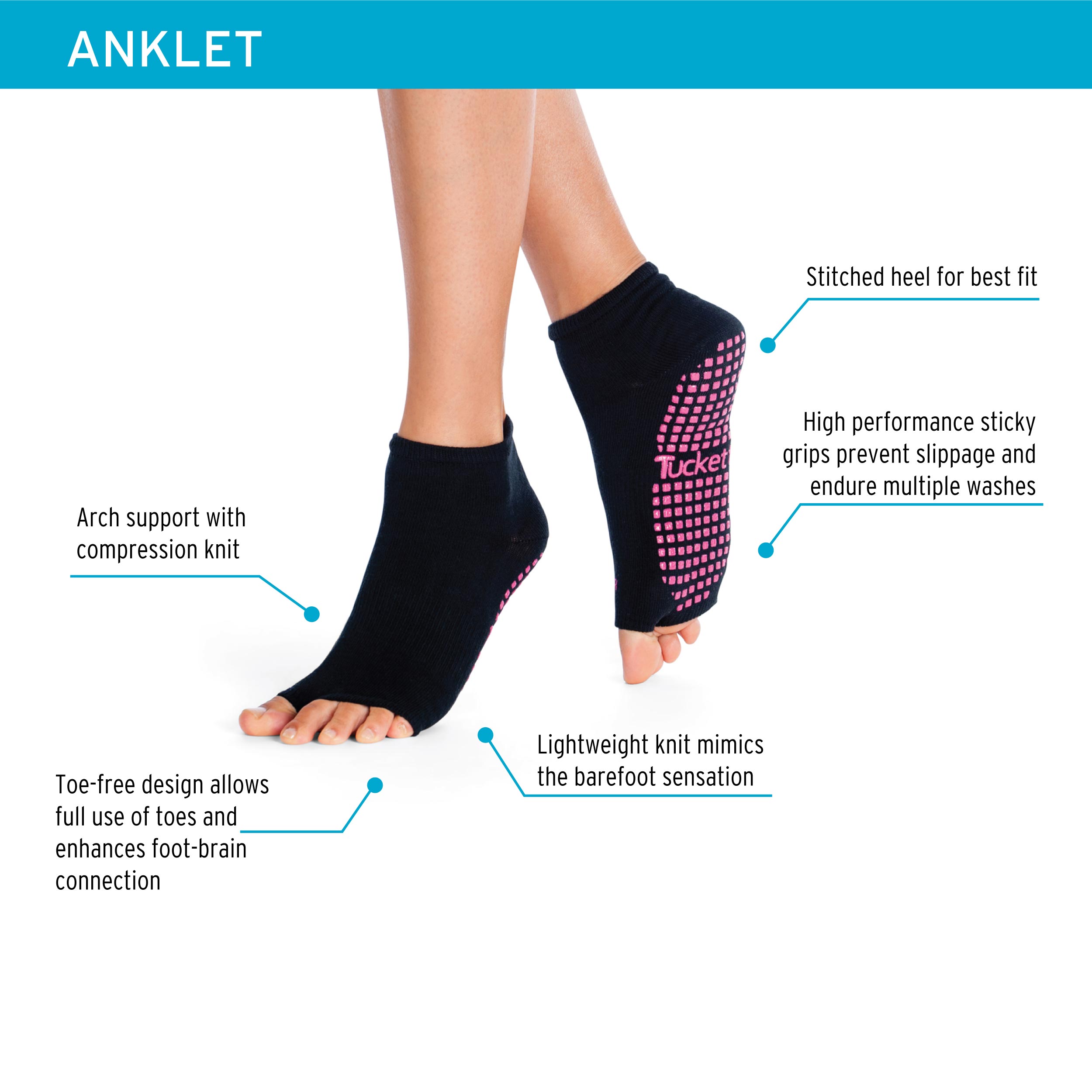 Tucketts Anklet Dazzling Noir Pilates Socks - Non-Slip Grip, Open Toe, Barre & Yoga - Women's
