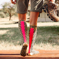 Tucketts Knee High Leopard Pink Stripe Pilates Socks - Non-Slip Grip, Open Toe, Barre & Yoga - Women's