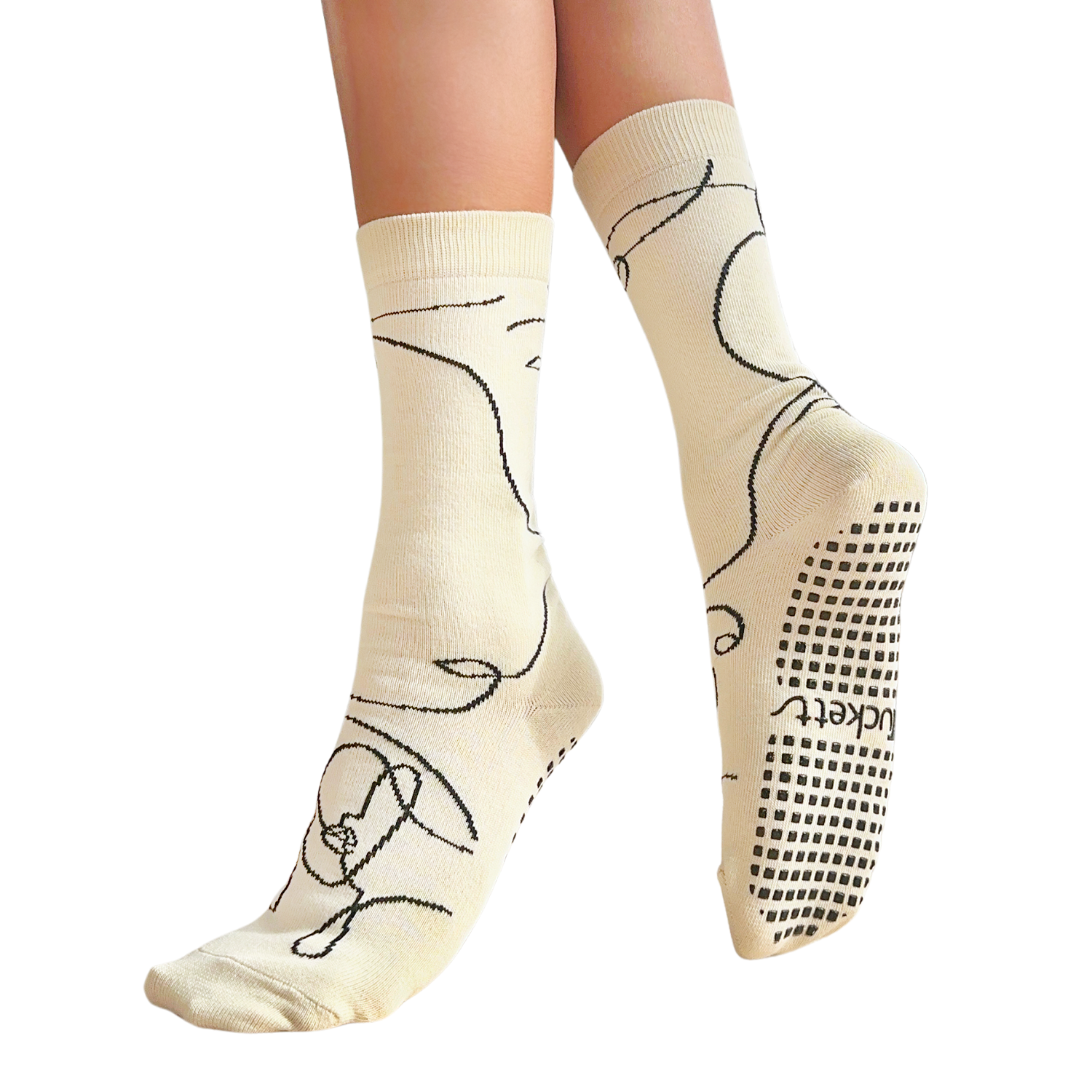 Tucketts Crew Ella Off White Pilates Socks - Non-Slip Grip, Closed Toe, Barre & Yoga - Women's