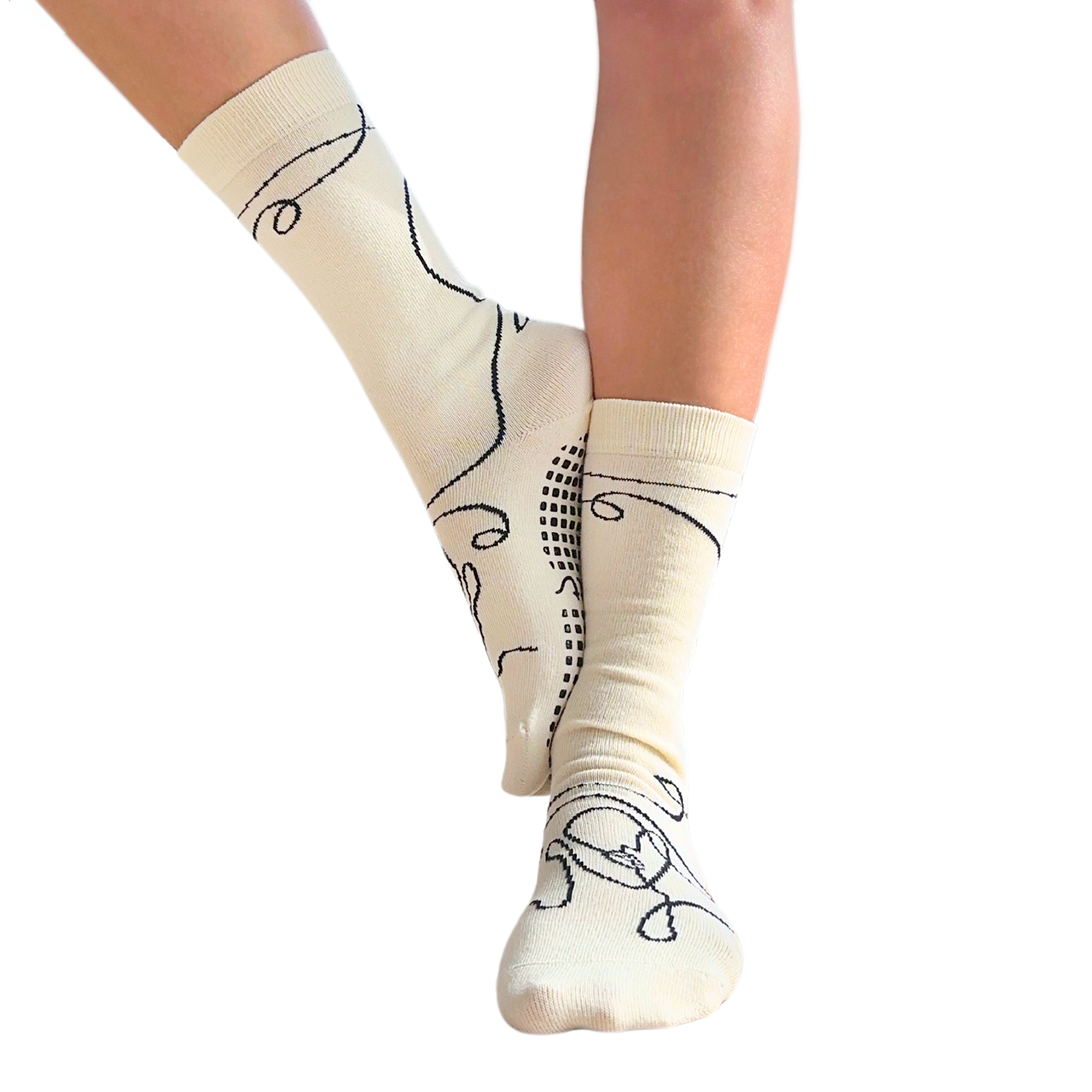 Tucketts Crew Ella Off White Pilates Socks - Non-Slip Grip, Closed Toe, Barre & Yoga - Women's