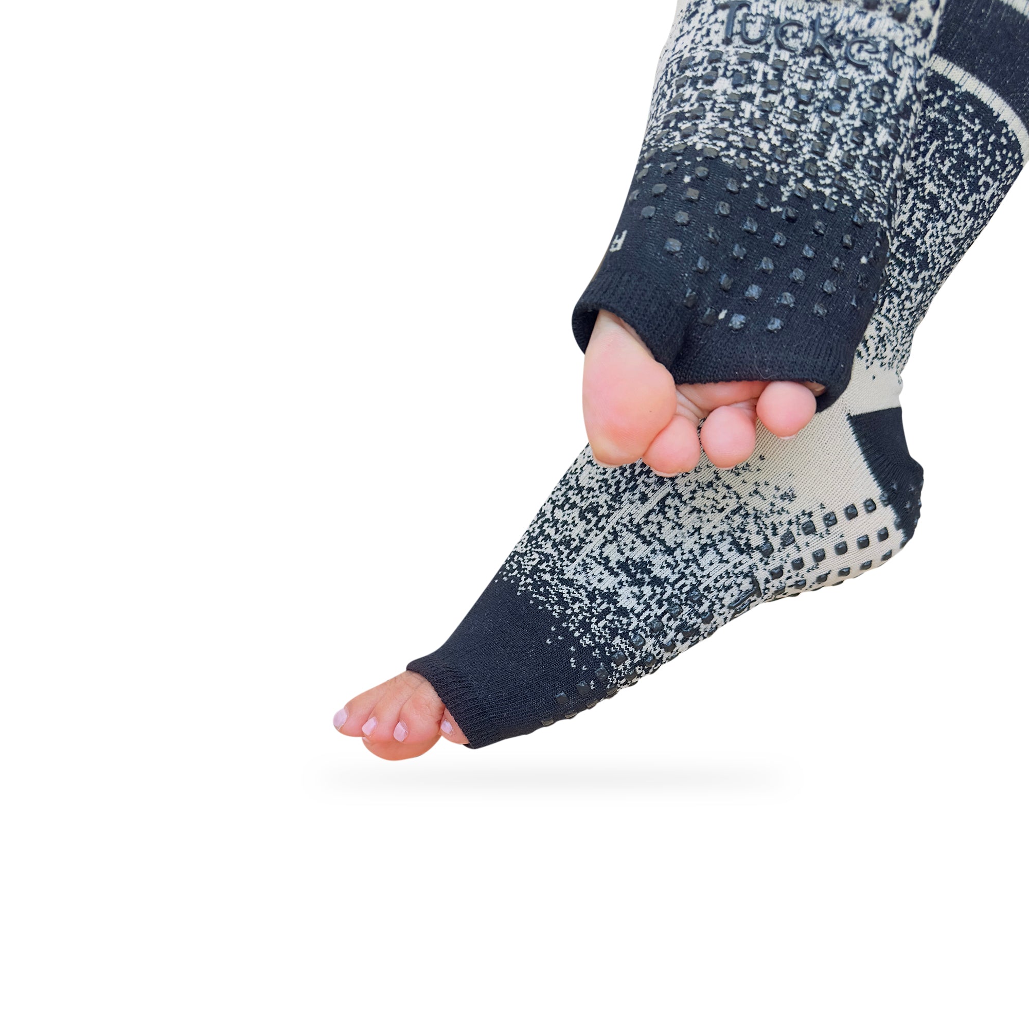Tucketts Crew Toeless - Taupe Center Pilates Socks - Non-Slip Grip, Open Toe, Barre & Yoga