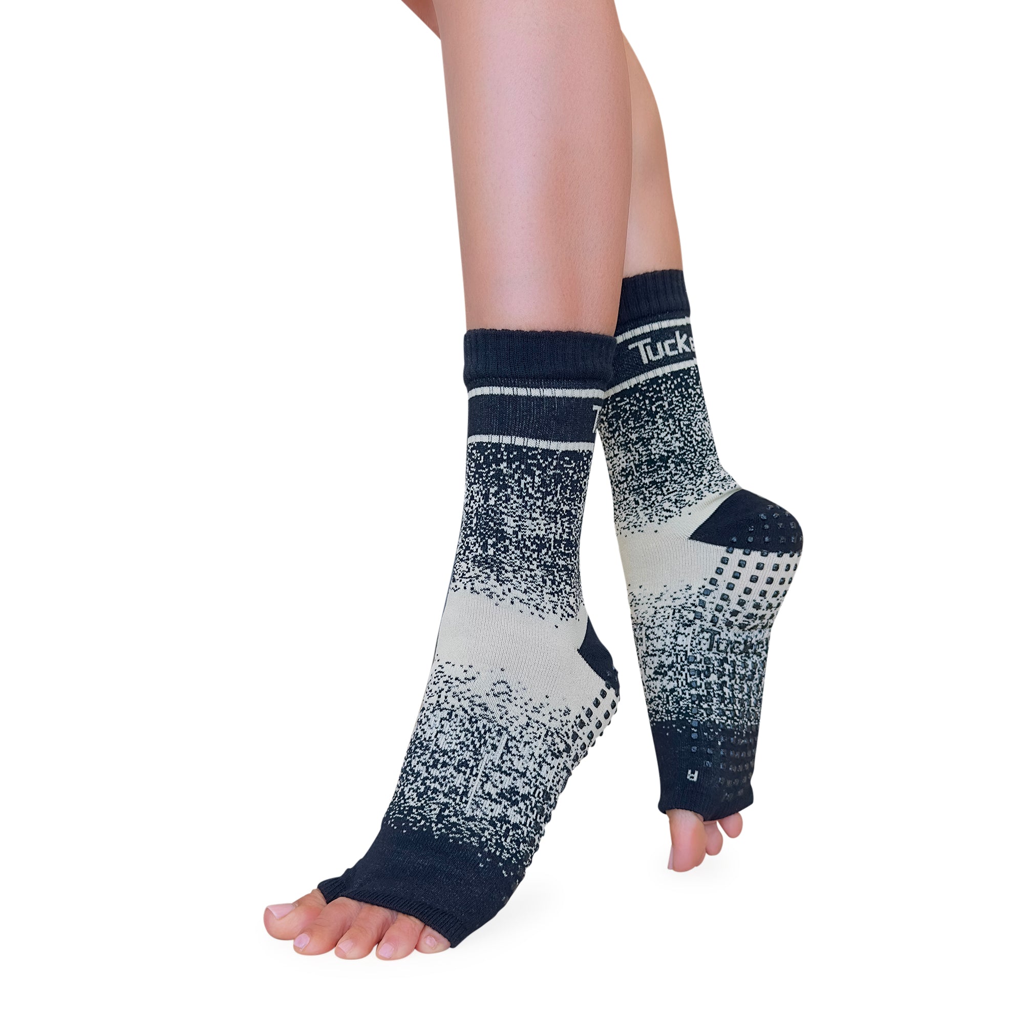 Tucketts Crew Toeless - Taupe Center Pilates Socks - Non-Slip Grip, Open Toe, Barre & Yoga