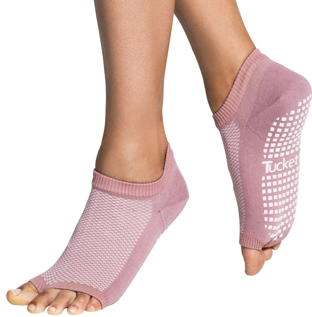 Tucketts Flow Mauve Pique Pilates Socks - Non-Slip Grip, Open Toe, Barre & Yoga - Women's