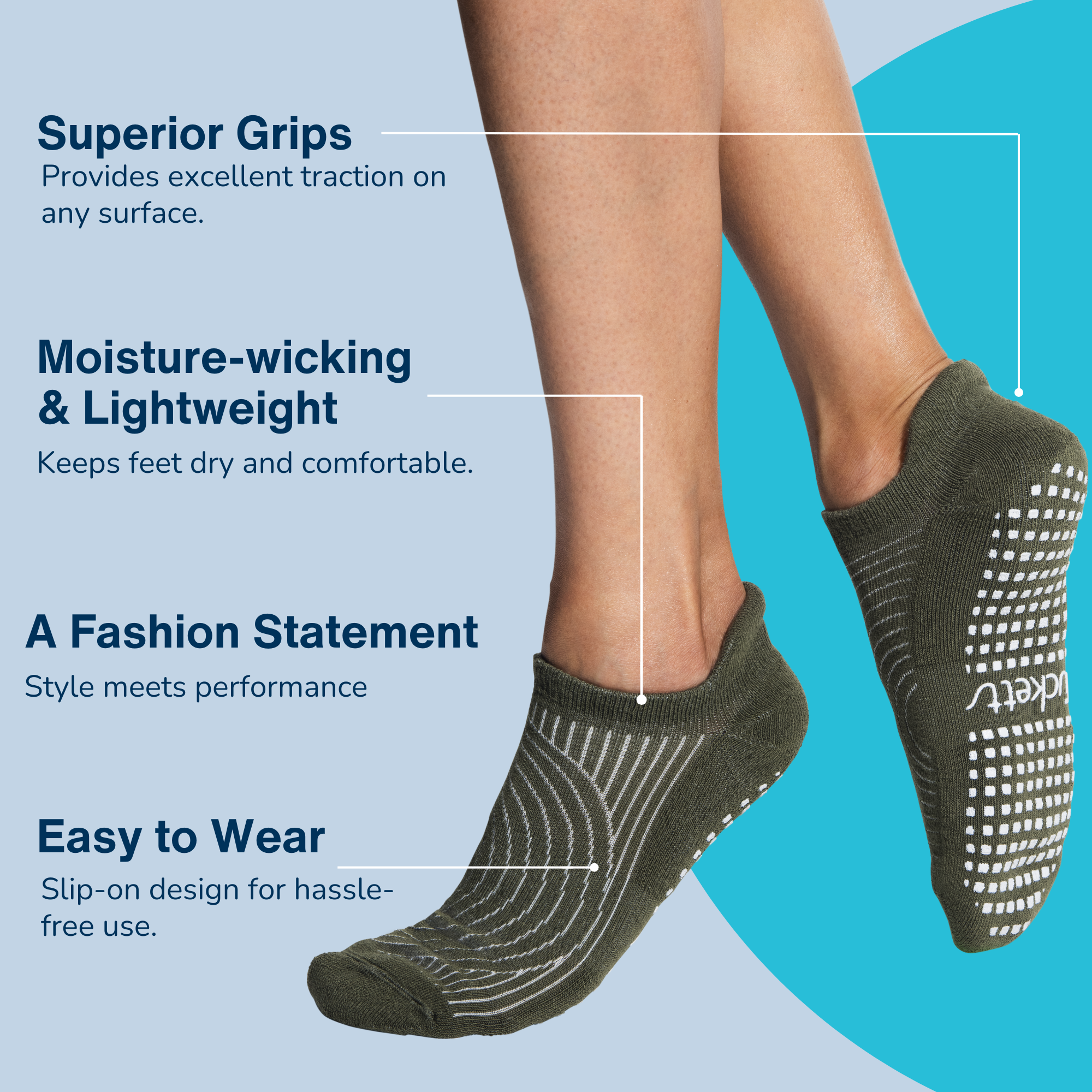 Tucketts Tab Pilates Socks - Non-Slip Grip, Closed Toe, Barre & Yoga - Women's