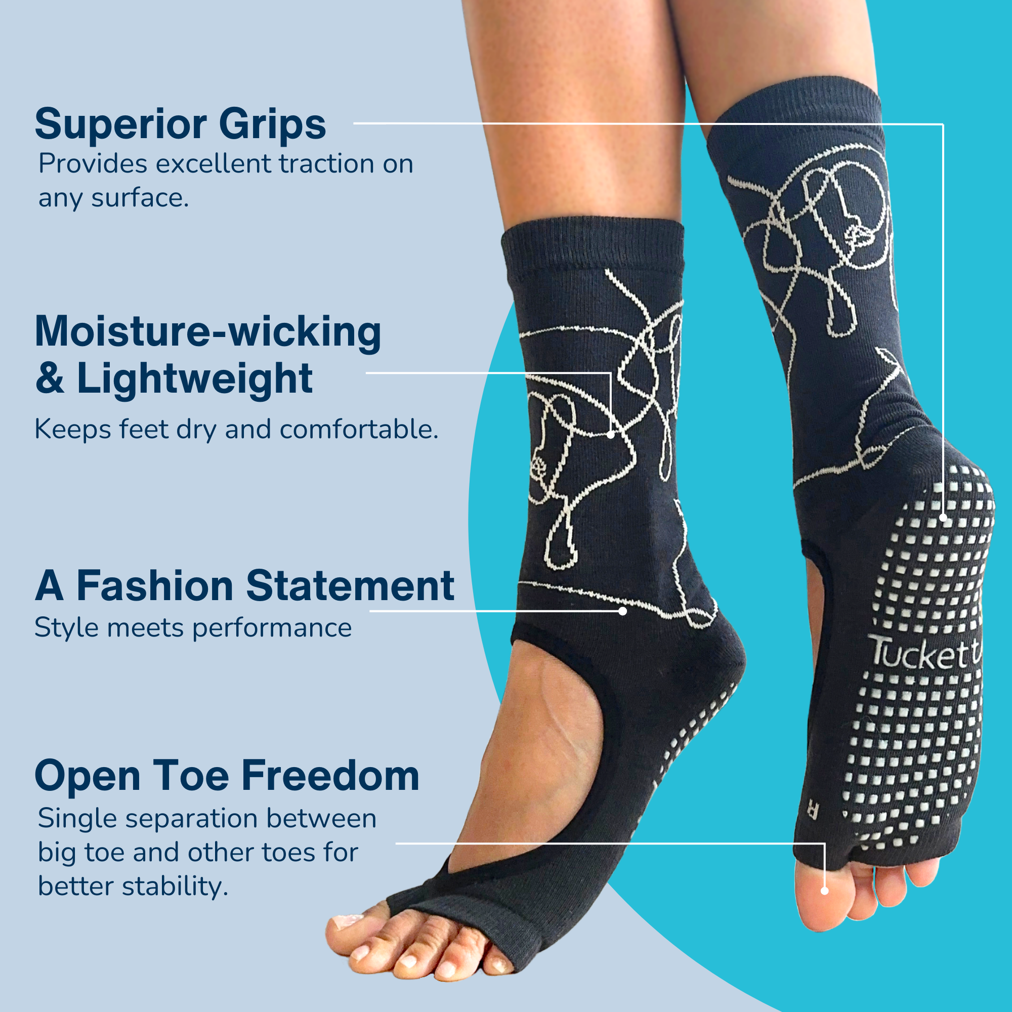 Tucketts Crew Pilates Socks - Non-Slip Grip, Open/Closed Toe, Barre & Yoga - Women's