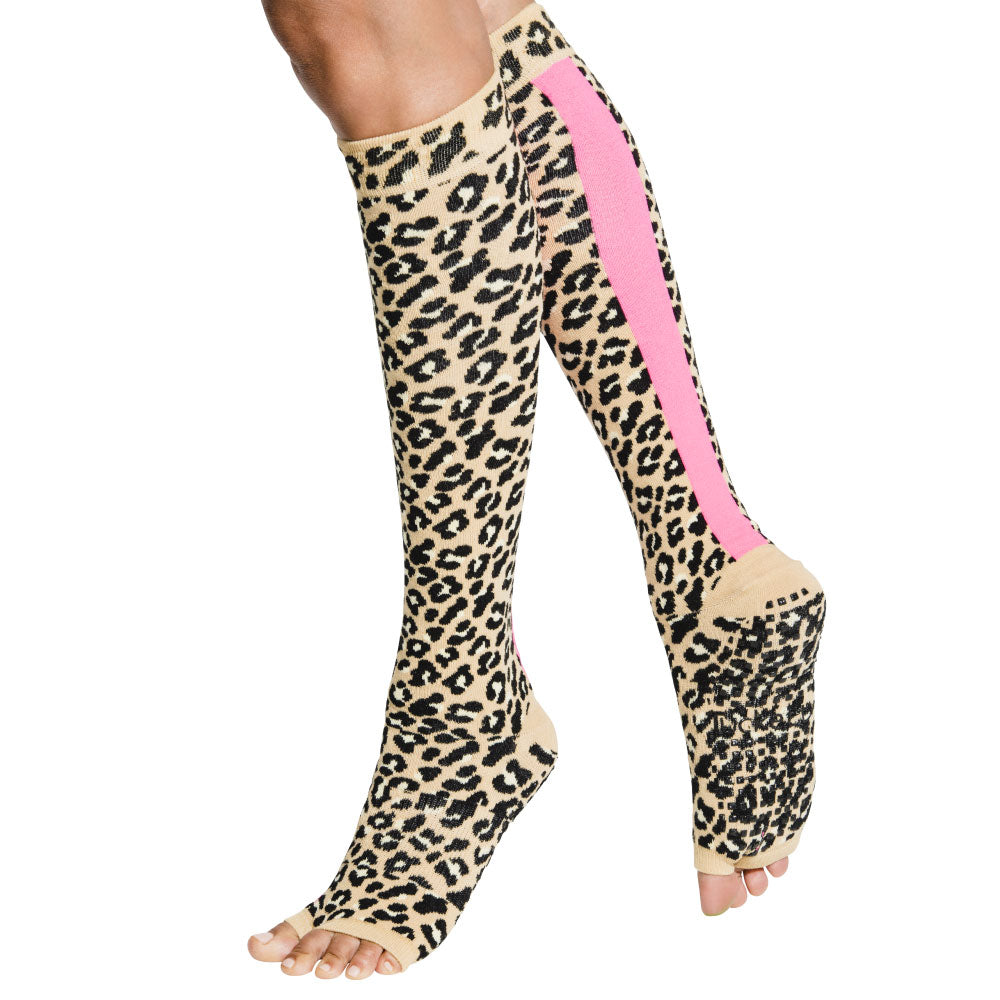 Tucketts Knee High Leopard Pink Stripe Pilates Socks - Non-Slip Grip, Open Toe, Barre & Yoga - Women's