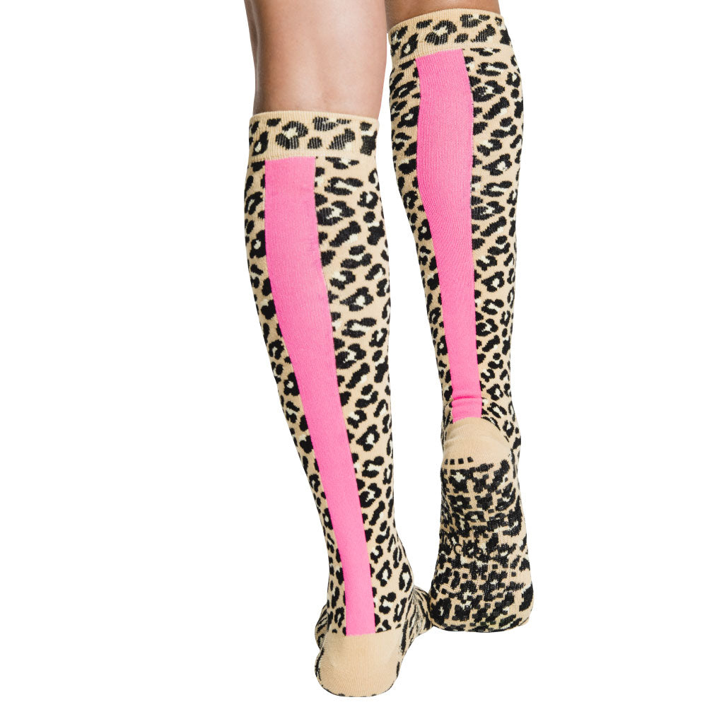Tucketts Knee High Leopard Pink Stripe Pilates Socks - Non-Slip Grip, Open Toe, Barre & Yoga - Women's