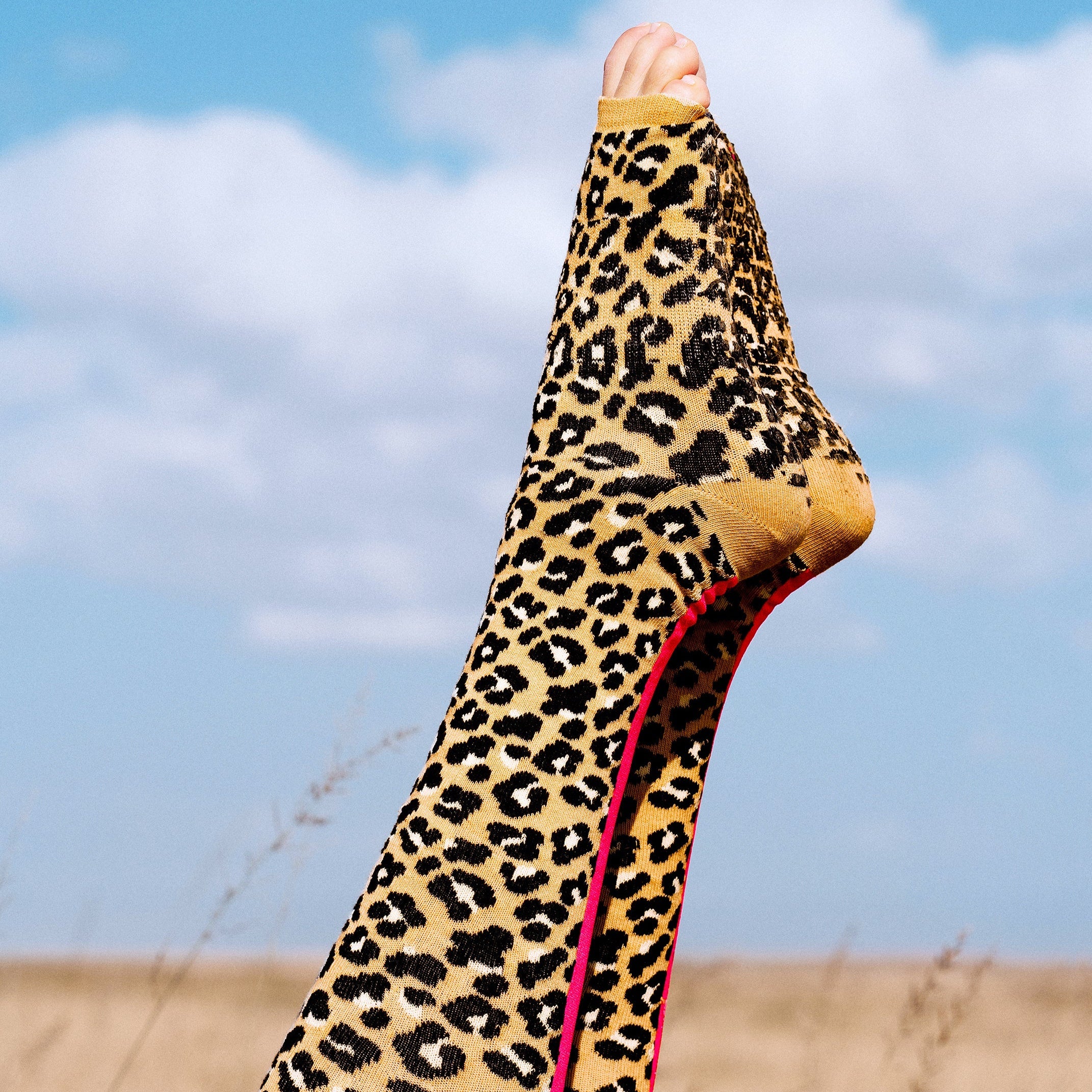 Tucketts Knee High Leopard Pink Stripe Pilates Socks - Non-Slip Grip, Open Toe, Barre & Yoga - Women's