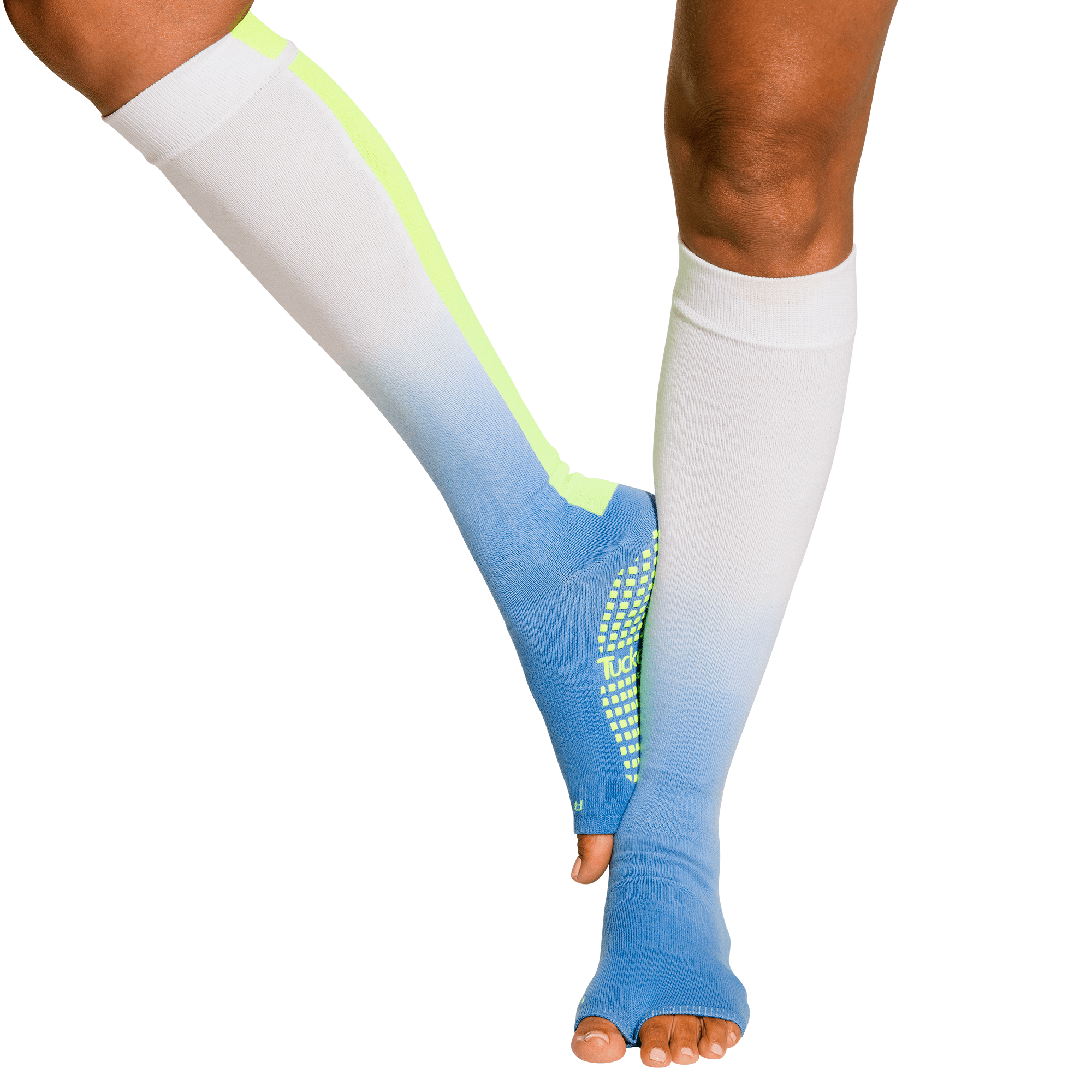 Tucketts Knee High Neon Waters Pilates Socks - Non-Slip Grip, Open Toe, Barre & Yoga - Women's