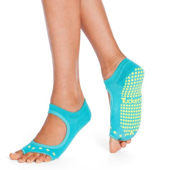 Tucketts Allegro Midsummer Turquoise Pilates Socks - Non-Slip Grip, Open Toe, Barre & Yoga - Women's