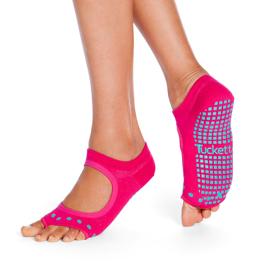 Tucketts Allegro Magenta Cacti Pilates Socks - Non-Slip Grip, Open Toe, Barre & Yoga - Women's