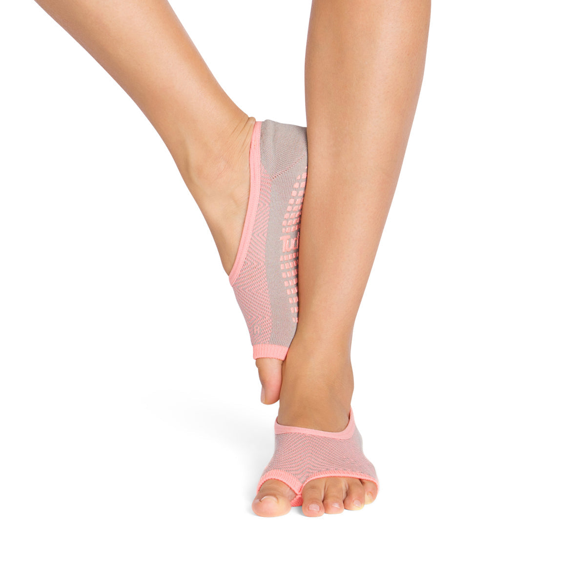 Tucketts Ballerina Grey Peach Geo Pilates Socks - Non-Slip Grip, Open Toe, Barre & Yoga - Women's