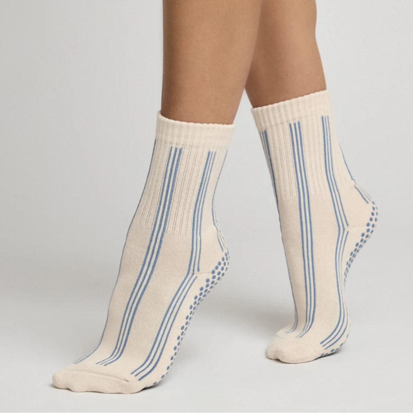 Pinstripe Crew Grip Socks - Blue - (Barre / Pilates)