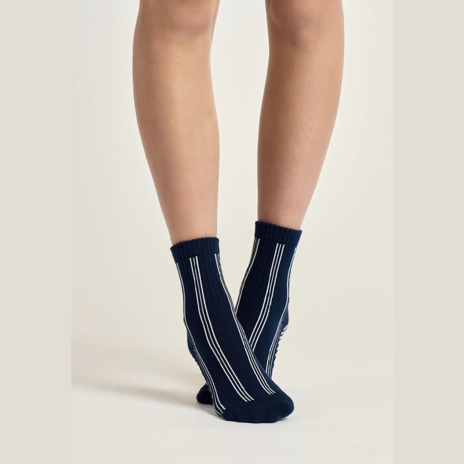 Pinstripe Crew Grip Socks - Blue - (Barre / Pilates)