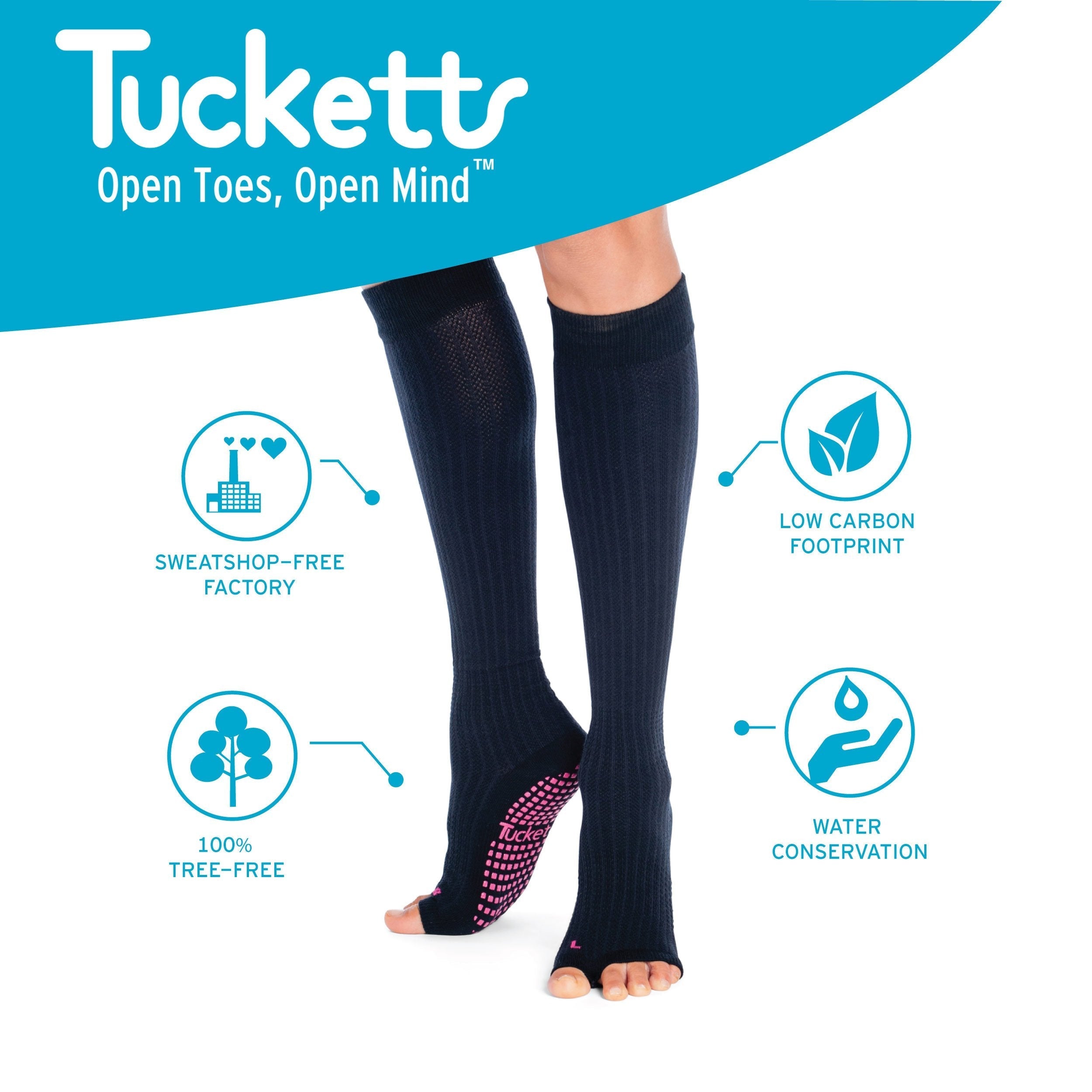 Tucketts Knee High Neon Waters Pilates Socks - Non-Slip Grip, Open Toe, Barre & Yoga - Women's
